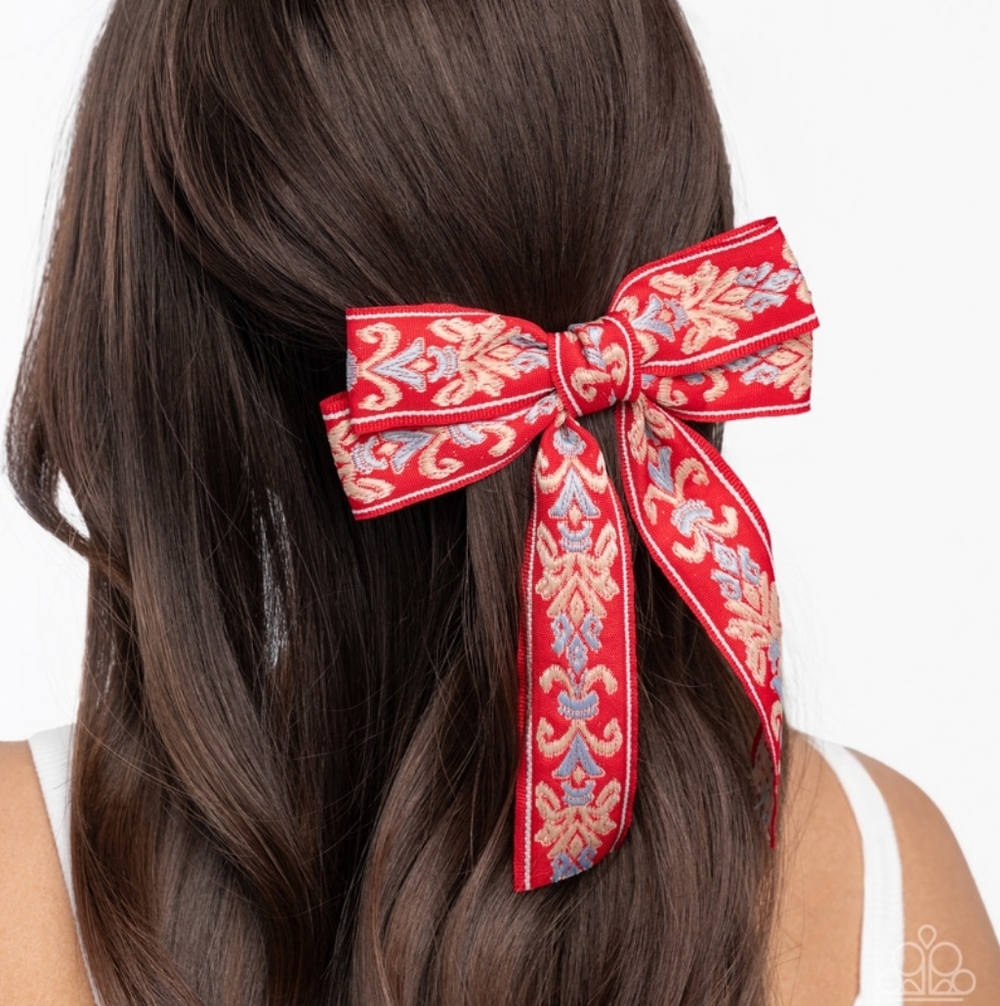 Elegant Red Embroidered Hair Bow